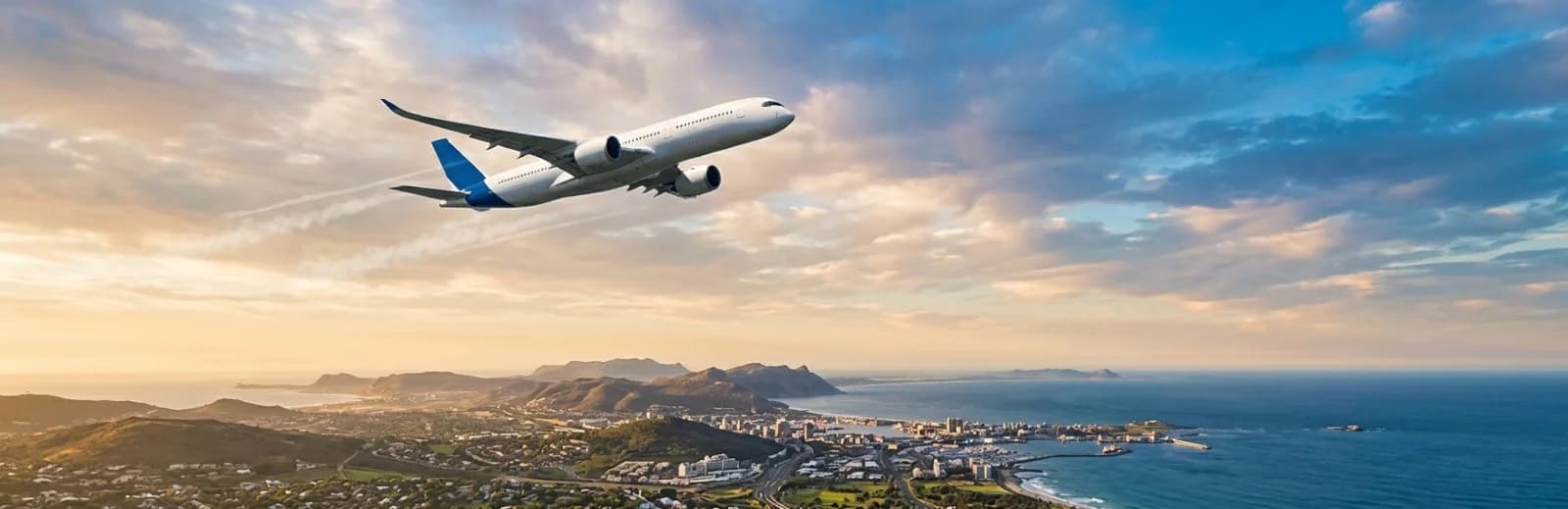 Flight booking banner with airplane at sunset for travel and airline ticket search