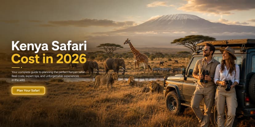 Kenya Safari Cost Guide 2026 featuring safari jeep with elephants in Maasai Mara National Reserve