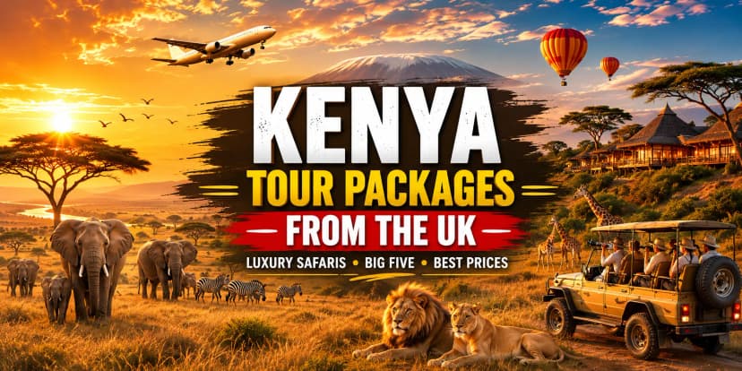 Luxury Kenya safari tour package from the UK featuring wildlife, safari jeep, and premium lodge in the Maasai Mara.