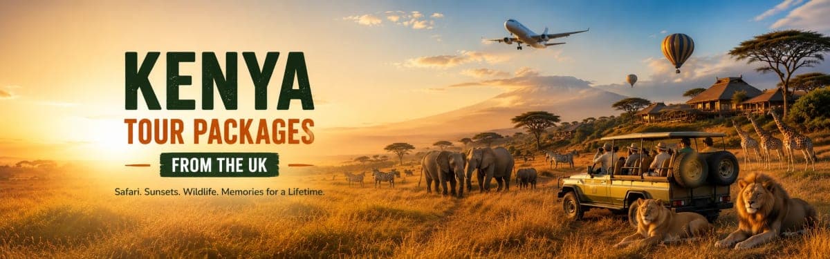 Luxury Kenya safari tour package from the UK featuring wildlife, safari jeep, and premium lodge in the Maasai Mara.