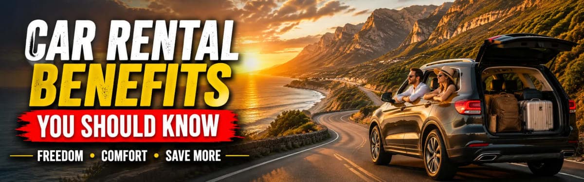 Travelers enjoying a scenic road trip in a modern rental SUV through mountains and coastal landscapes.