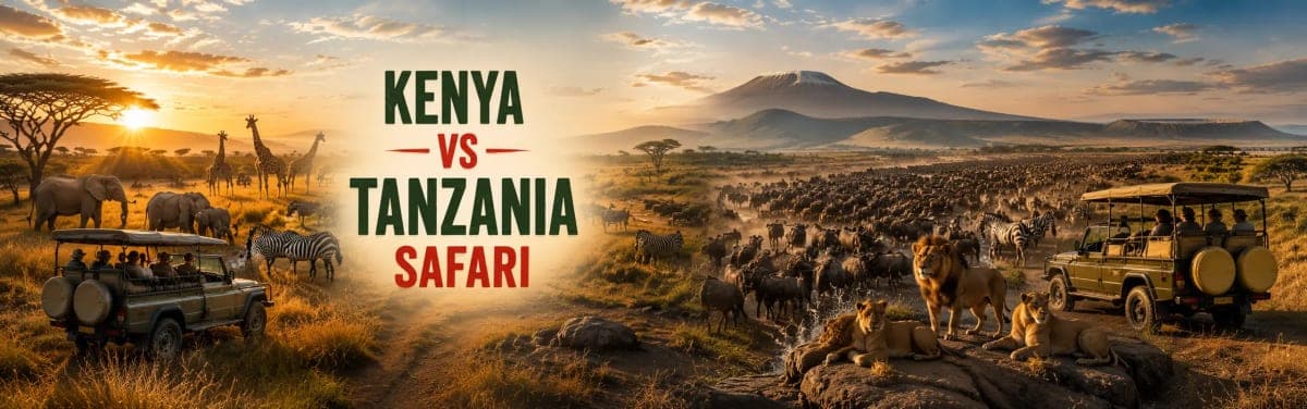 Kenya and Tanzania safari landscapes with wildlife and safari vehicles