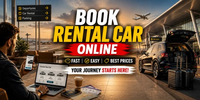 Traveler booking a rental car online before collecting a premium SUV at an international airport.